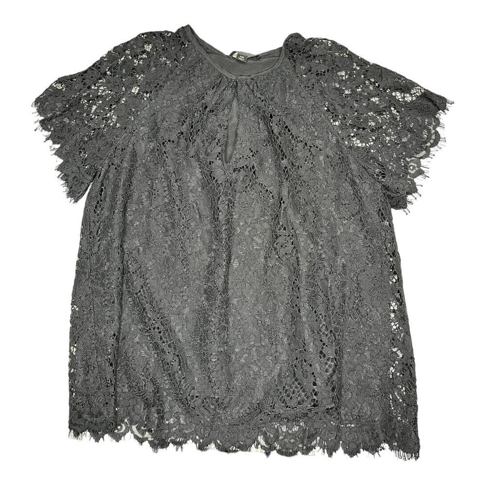 J.Crew Lace black top semi sheer keyhole button front XS nwot